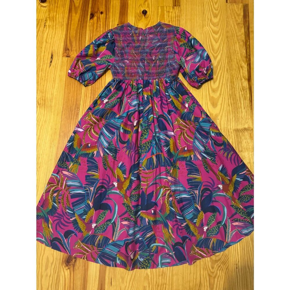 Farm Rio Rainbow Macaws Purple Puff Sleeve Smocked Midi Dress Women's SIZE XS - Picture 13 of 13
